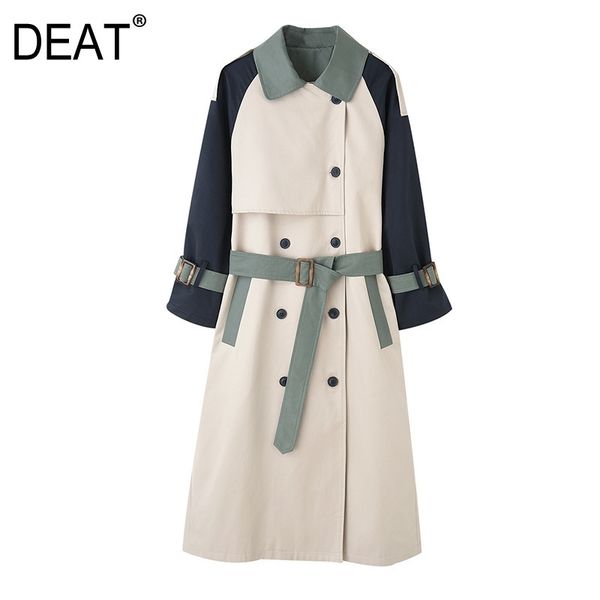 

[deat] women's coat hit color lapel lacing elegant long length wild trench new autumn winter fashion clothing am794 201030, Tan;black