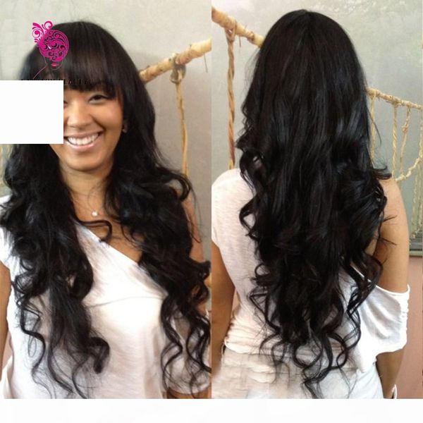 

glueless and glue full lace human hair wigs with bangs virgin brazilian body wave human hair lace front wig with bangs for women, Black;brown