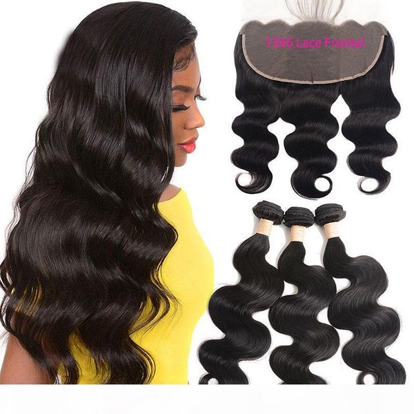 

malaysian virgin hair body wave 4 pieces lot human hair bundles with 13x6 lace frontal natural color body wave hair wefts with closures, Black;brown