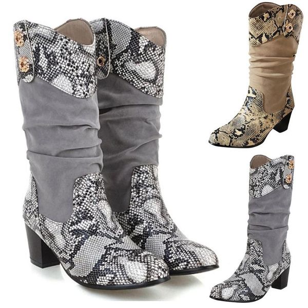 

women boots autumn stitching snakeskin pattern thick with boots original high shoes mixed colors women's autumn 35-43 au21, Black