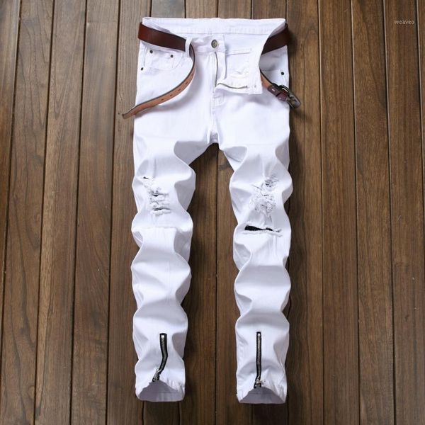 

qmgood ripped jeans men's with holes skinny designer brand slim destroyed biker jeans men pencil pants slim zipper white1, Blue