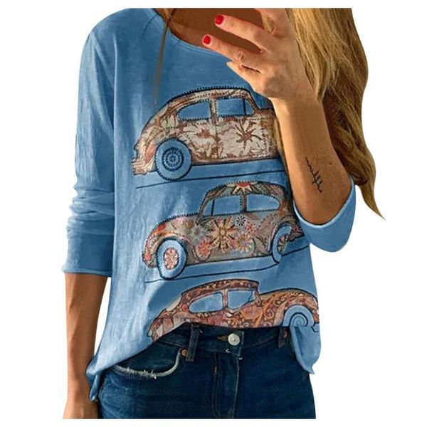 

for women fashion 2021 women's o-neck car print pullover blouse long sleeve shirt blusas mujer de moda 2021 hot, White