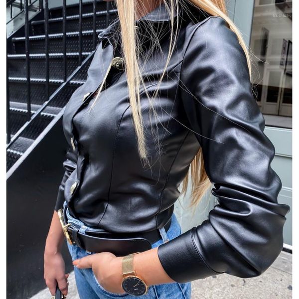 

long sleeve turn down collar pu leather shirts women fashion long sleeve black fake leather shirts pu shirt, White