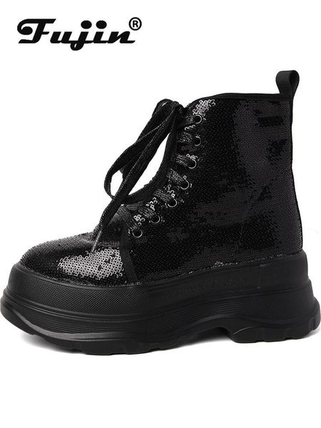 

fujin 2020 women ankle boots blingbling glitter leather black white silver thick sole platform lace up women shoes booties