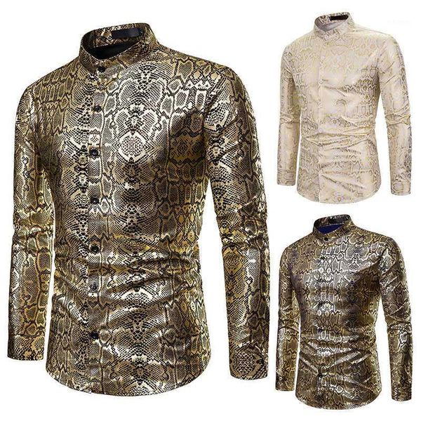 

nightclub men's henry collar snakeskin bronze shirt slim-fit long sleeve shirt snake print shirts men serpentine punk clothes1, White;black