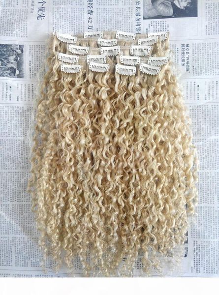 

brazilian human virgin remy curly hair weft natural curl weaves unprocessed blonde 613# double drawn clip in extensions, Black;brown