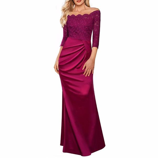 

casual dresses women's vintage floral lace 2/3 sleeves off shoulder formal evening long dress contrast satin wedding party maxi, Black;gray