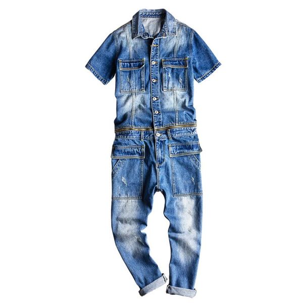 

men's jeans jumpsuit summer overalls short-sleeved denim jacket suit can be detached and worn separately, Blue