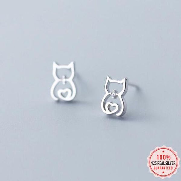 

genuine fashion 925 sterling silver sweet cute animal hollow cat stud earrings for women girls wedding jewelrygift da551, Golden;silver
