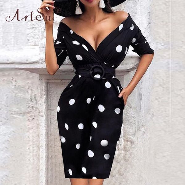 

artsu 2020 spring england style elegant ladies off shoulder dress v-neck long sleeve polka dot black party dress women y0118, Black;gray