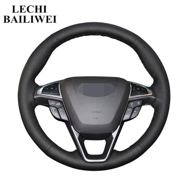 

black artificial leather hand-stitched car steering wheel cover for fusion mondeo 2013 2014 edge 2020 2020