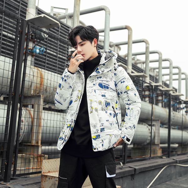 

marchwind winter parka cotton coat thick graffiti printed warm windproof padded jacket men hip hop streetwear oversized hooded parka coat, Black