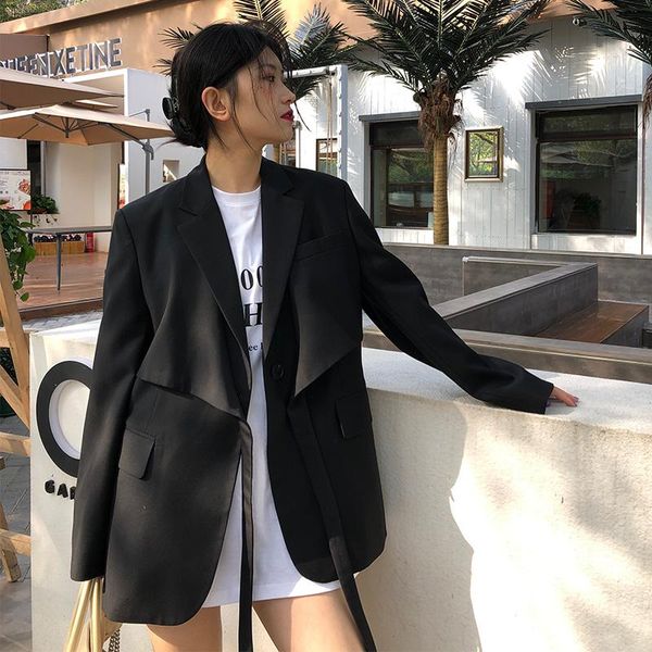 

women's suits & blazers [ewq] autumn winter female turn-down collar long-sleeved casual blazer coat single button loose minimalist belt, White;black