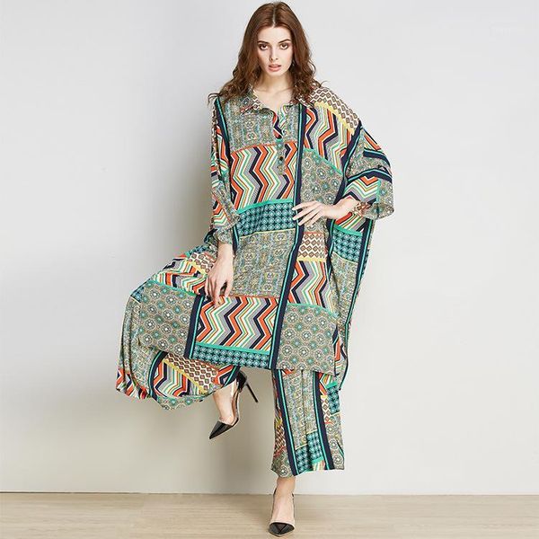 

women's paris chiffon printing suit color geometric shirt pant suits, White