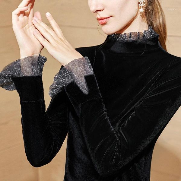 

thin spring and autumn winter wood ear half high collar base shirt long sleeve t-shirt female interior1, White;black