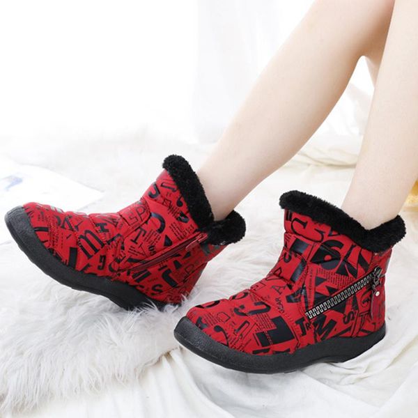 

female fashion graffiti ankle boots zipper warm platform flat faux fur ladies women shoes winter snow boots woman sewing plush, Black
