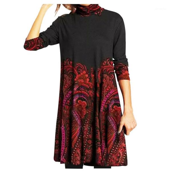 

dresses for women casual loose long sleeve patchwork printed high neck dress clothes vestidos de invierno de manga larga 20201, Black;gray