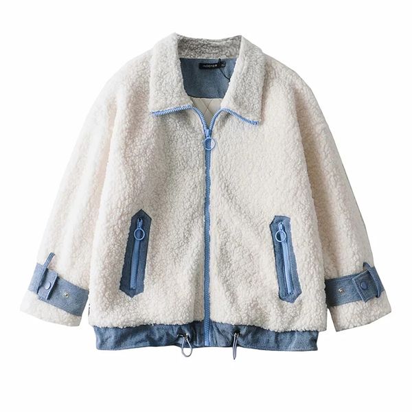 

2021 new winter new spliced drawstring denim faux lamb fur coat women fashion zippers turn-down collar cashmere jacket 3ffa, Black