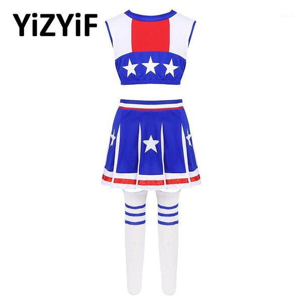 

cheerleading cheerleader costume kids girls ballet jazz dance rave outfit sleeveless stars printed crop with mini skirt socks1