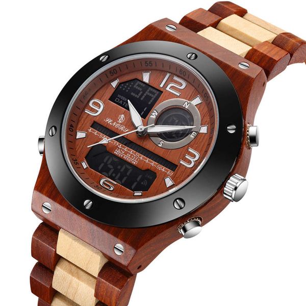 

multifunctional watch electronic sandalwood quartz double wooden display men's watch wooden watch goods, Slivery;brown