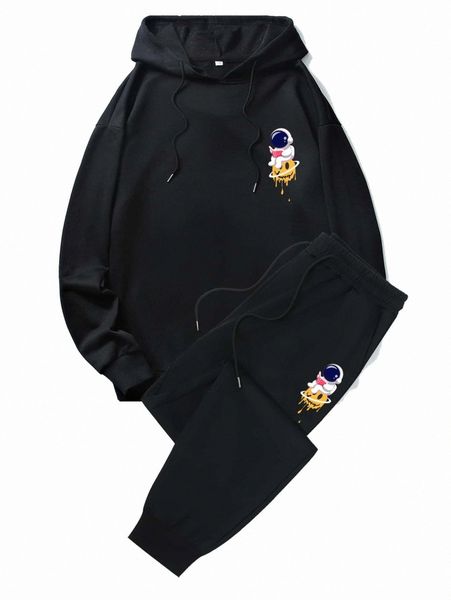 

romwe guys cartoon graphic hoodie & drawstring sweatpants e5xz#, Gray