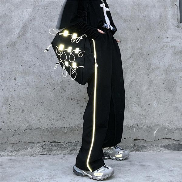 

trendy reflective stripes stitching casual pants couple baggy pants men straight-through trousers summer wild wide-leg1, Black