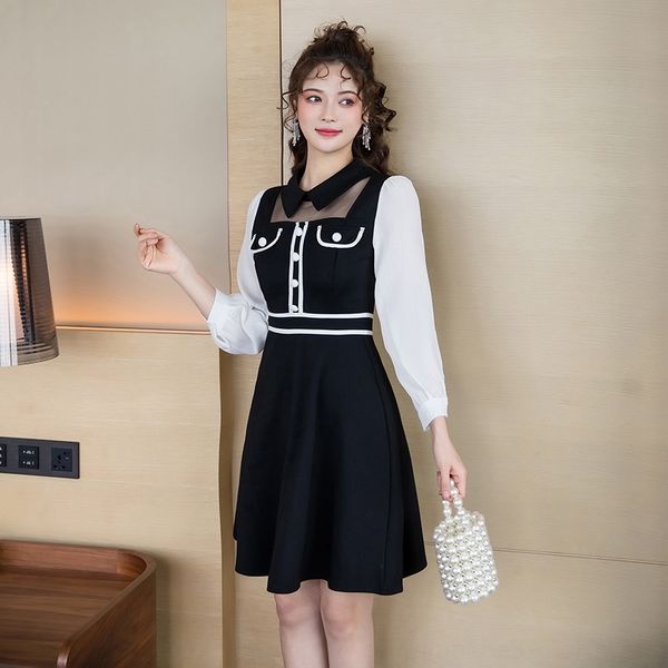 

ye3up 2020 autumn winter new hepburn stitching waist sleeve thin long autumn and winter new fashion show goddess dress fashion mesh litt, Black;gray