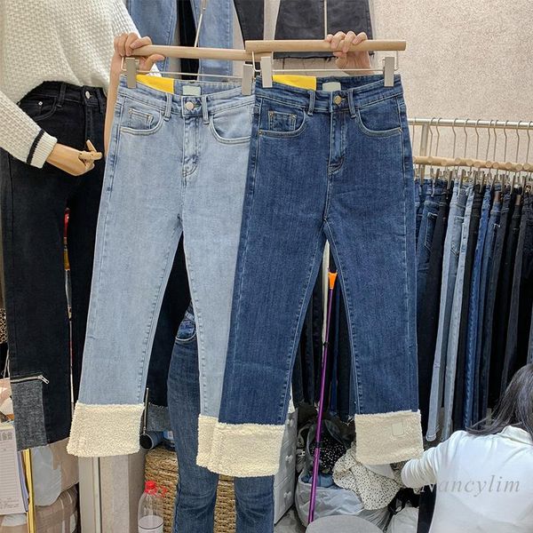 

women's jeans warm denim pants women 2021 winter high waist velvet thickening stitching lamb wool blue loose cropped straight for