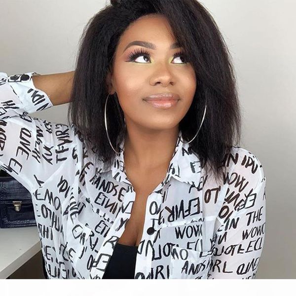 

bob kinky straight lace front closure human hair wig yaki coarse lace front wig 150% human hair lace wigs sales for black women, Black;brown