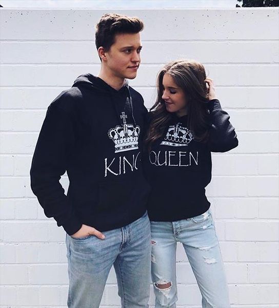 

2020 autumn couple matching chic hooded hoodies imperial crown king queen print women men sweatshirts for lover casual pullover, Black