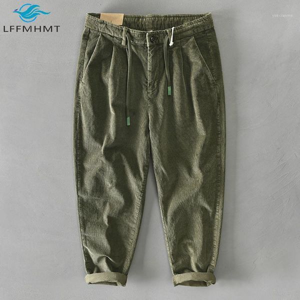 

spring fall fashion elastic waist men vintage corduroy cargo pants japan style simple harajuku casual loose trouser1, Black