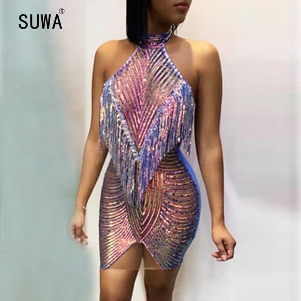 

evening party women halter collar slim perspective mini dress summer night club sleeveless above-knee gowns1, Black;gray