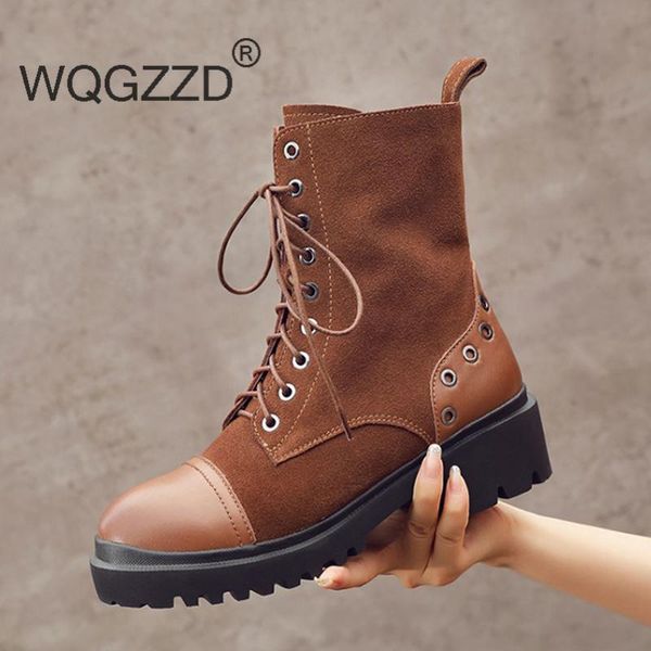 

motorcycle boots women's winter shoes cow suede lace up rivets mid-calf boots zapatos mujer, Black