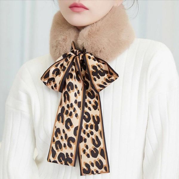 

winter thick plush bow leopard printing warm scarve korean female soft silk faux fur false collar neck guard scarf o64, Blue;gray