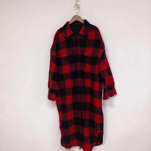 

ladies lapel long sleeve wool blend contrast gingham checkered woolen oversized style coat1, Black