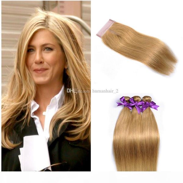 

honey blonde straight lace closure with bundles #27 silk straight human hair with 4*4 lace closure straight brazilian virgin hair bundles, Black;brown