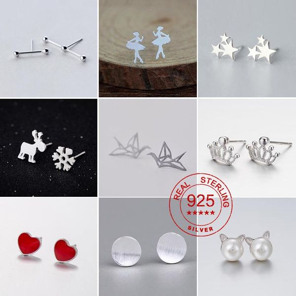 

stud real 925 sterling silver ballet earrings for women bar heart deer knot geometric small jewelry gift, Golden;silver
