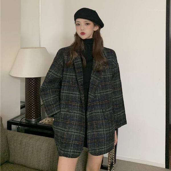 

women's wool & blends winter 2021 korean mid-length loose retro temperament quilted thick plaid blazer woolen jacket women1, Black