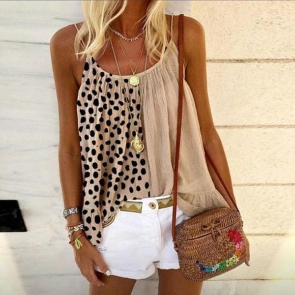 

leopard print tanks plus size women sleeveless o-neck loose vest splicing casual tank summer sling tank ropa de mujer1, White