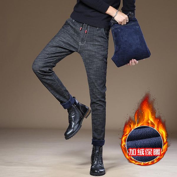 

skinny jeans men warm black denim jeans new male slim fit elastic long men fleece thicker winter casual 28-38,3098, Blue