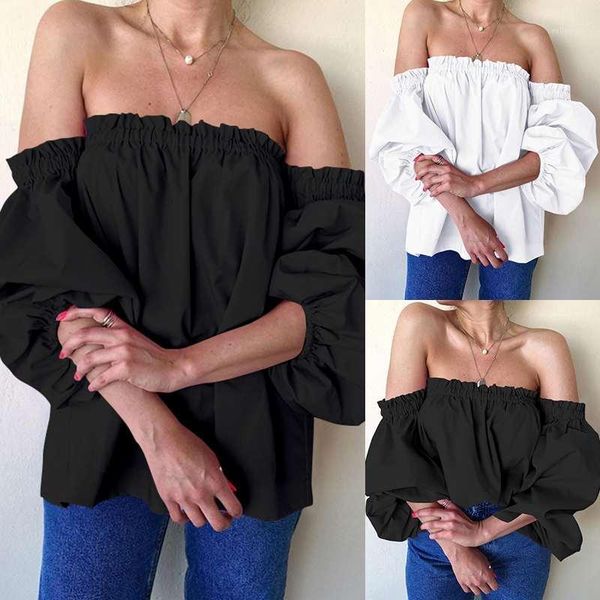 

celmia shirts women's lantern sleeve elegant office off shoulder blouses 2020 summer casual solid club blusas female1, White