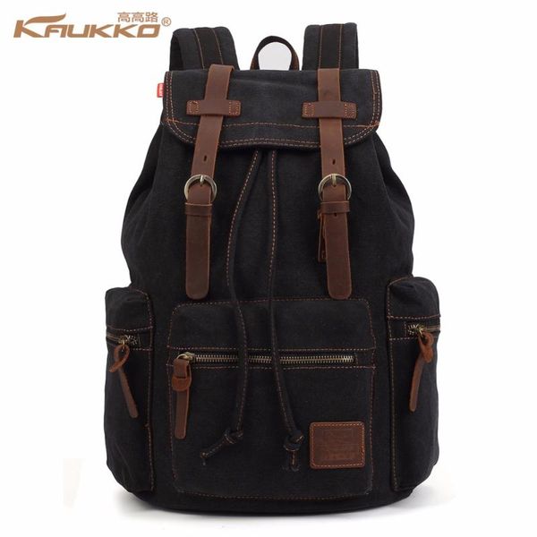 

kaukko men's vintage canvas leather backpacks with drawstring women travel bag large capacity computer lapschool bags