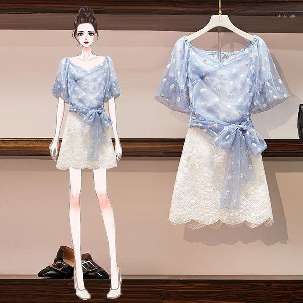 

2020 new summer women puff sleeve floral printed mesh blouse + high waist skirt two pieces set ladies fashion suit z2001, White