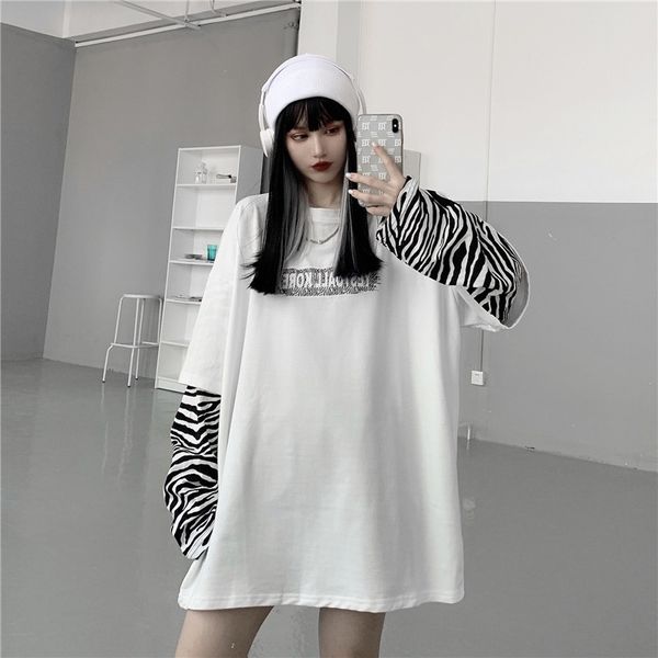 

падение футболка футболка 2020 новый хип-хоп стиль дизайна поддельные две свободные длины средней длины рукава футболки для женщин x838a exr, White