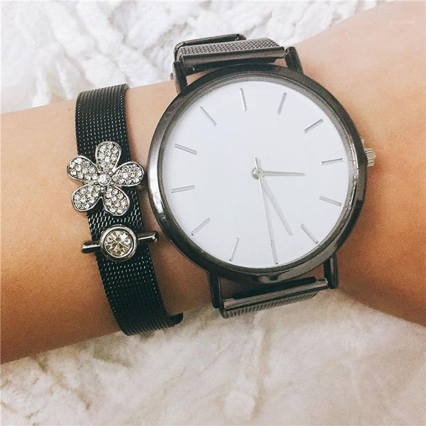 

vinnie design jewelry stainless steel black mesh bracelet with slide charms and wristwatch set for women1, Golden;silver