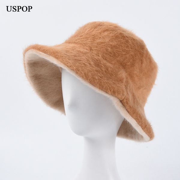 

uspop winter hats new women bucket hats solid color thick warm hats flat faux fur bucket hat f1210, Blue;gray