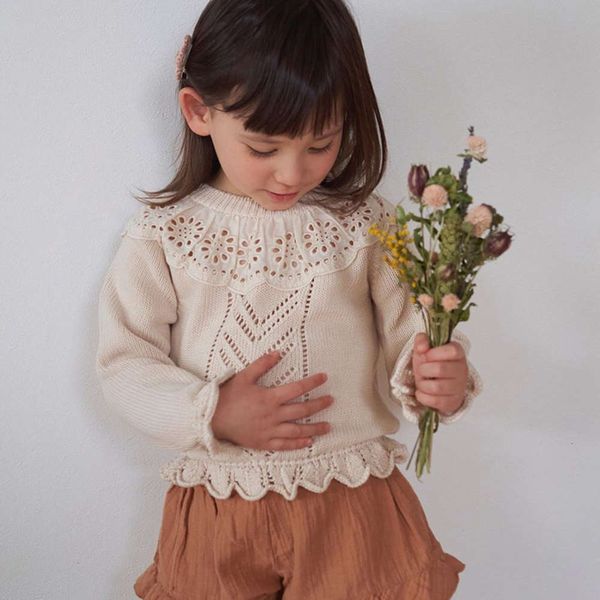 

new and winter ins2020 girls' autumn hollow out t-shirt lace collar warm children's versatile bottomed sweater, Blue