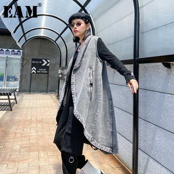 

[eam] women loose fit gray irregular denim big size long vest new lapel sleeveless fashion tide spring autumn 2020 1z219, Black;white