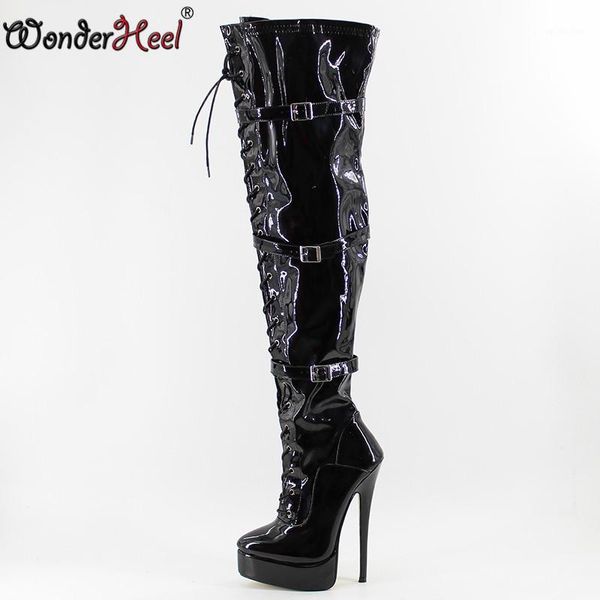 

boots wonderheel extreme high heel 18cm thin thigh boot heels buckles lacing patent platform over the knee boots1, Black