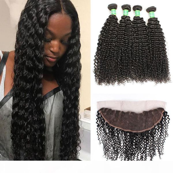 

mongolian human hair kinky curly 4bundles with 13x4 lace frontal ear to ear human hair wefts with closure curly virgin hair weave bundles, Black
